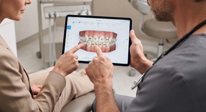 Dentist and Patient Discussing Orthodontic Treatment Using 3D Teeth Model on Digital Tablet