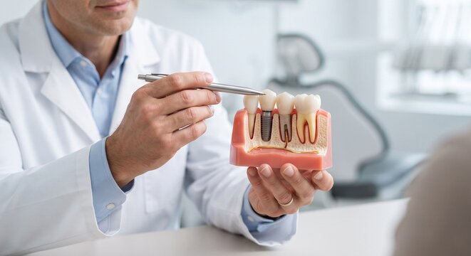 Male Dentist Explaining Dental Implant Procedure Using Anatomical Jaw Model to Patient