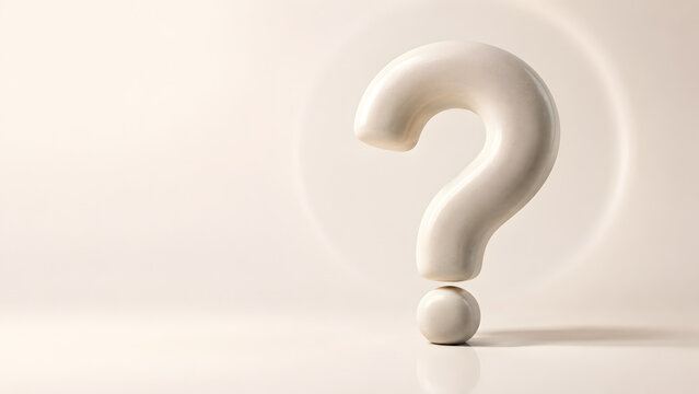 Smooth beige 3D question mark standing on a glossy minimal surface. Concept of customer support inquiry, psychological therapy, and problem solving.