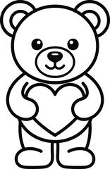 Fototapeta premium Cute teddy bear holding heart, outline vector illustration, baby coloring page