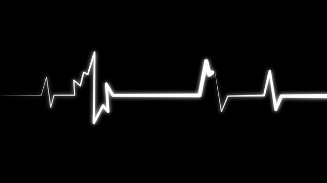 A clean white electrocardiogram line traces a heartbeat pattern on a black background,showing cardiogram line style motion graphics in loop ECG medical concept
