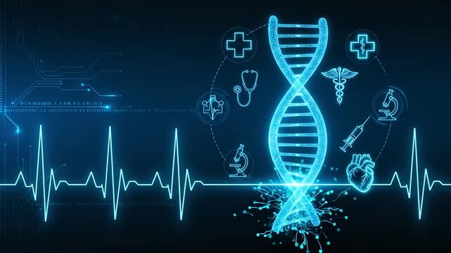 A glowing digital representation of a double helix structure in a medical environment