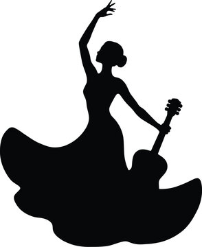 Flamenco dancer silhouette, Spanish woman with guitar, black vector icon