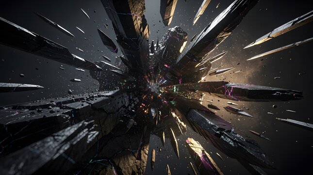 Abstract futuristic space scene with floating geometric structures and debris in deep dark cosmos.