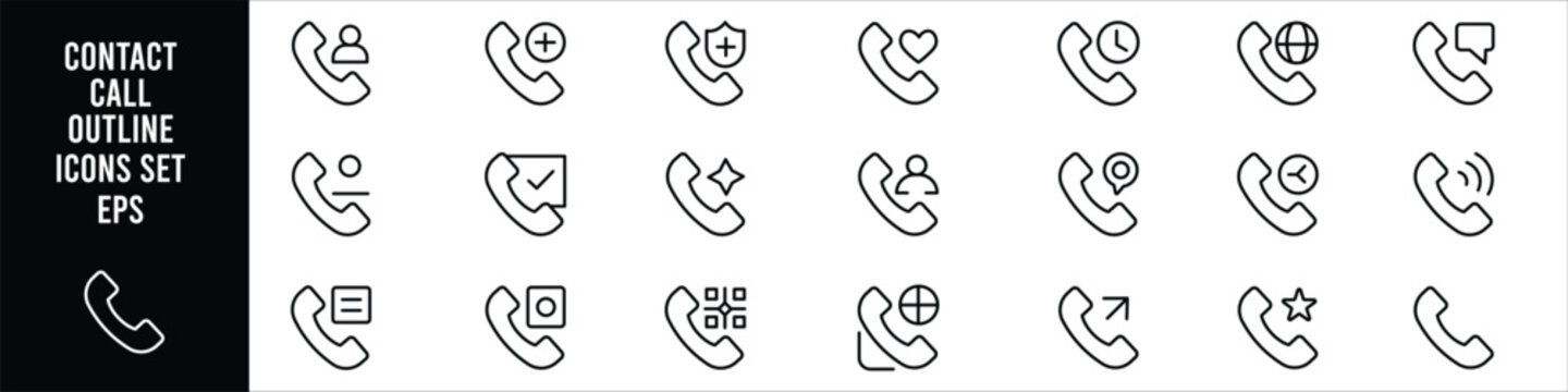 Minimal phone call action and contact outline icon set featuring support communication verification favorites location business and customer service symbols for interface design