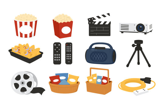 Home Movie Night Entertainment Icons Set Flat Illustration Collection