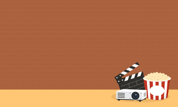 Home Movie Night Background with Popcorn Projector and Clapperboard Flat Illustration