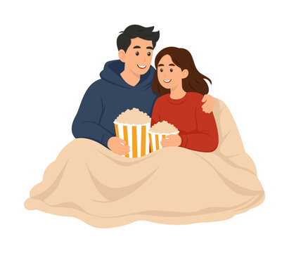 Happy Young Couple Watching Movie Together at Home with Popcorn Under Blanket Flat Illustration