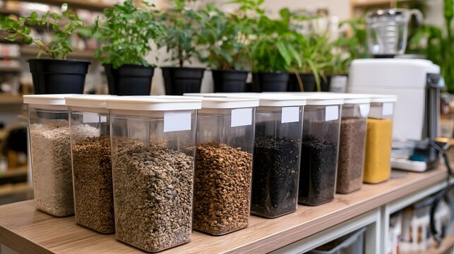 A row of clear containers filled with various seeds and grains on a wooden counter  with potted plants in the background