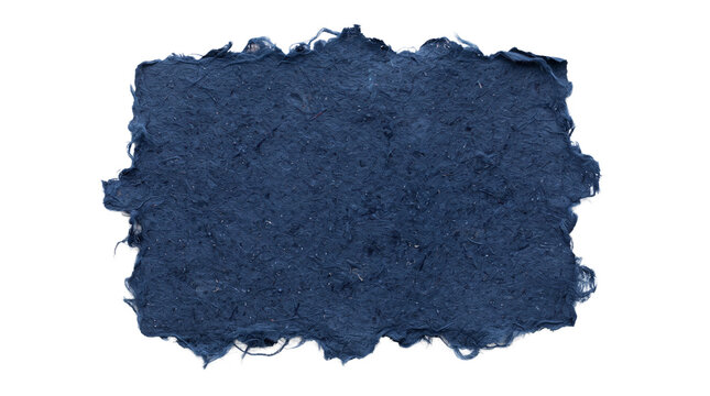 Dark blue denim fabric texture patch with a rough frayed edge in a simple rectangular shape