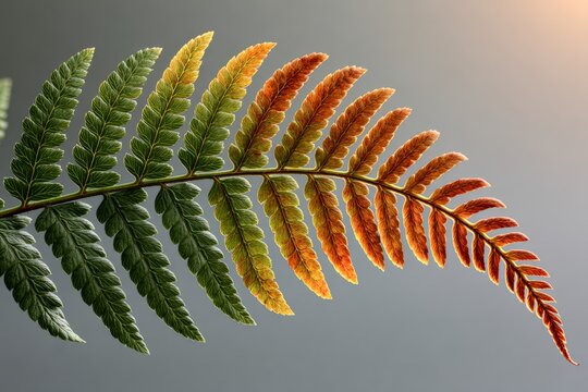 Close-up of fern frond transitioning to autumn colors