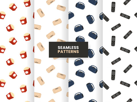 Cinema Seamless Pattern Collection with Popcorn Ticket Speaker and Remote Flat Illustration