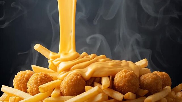 Hot golden fried potato sticks and savory snacks covered in melted cheese sauce