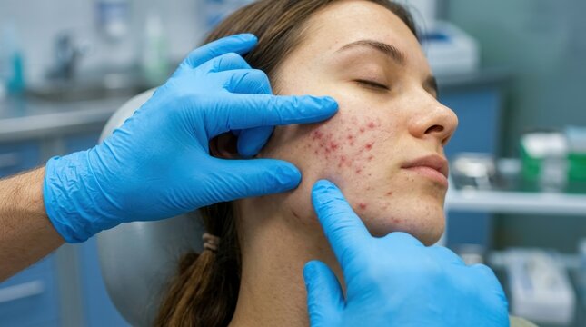 Professional dermatologist wearing blue medical gloves examines the facial skin of a young woman suffering from severe acne and red pimples during a medical consultation at a specialized medical room.