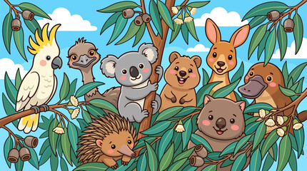 Cute cartoon australian wildlife animals gathering in eucalyptus tree branches with animals sitting group cute illustration character kangaroo © fatima zainab