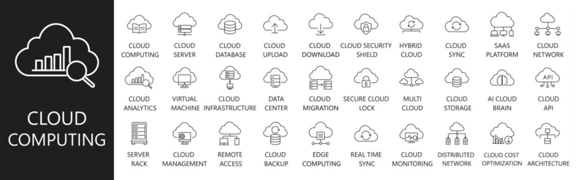Cloud computing and network solid icon set. Featuring data center, cloud server, virtual machine, cloud storage, and saas platform. Editable vector glyphs for IT infrastructure and enterprise.