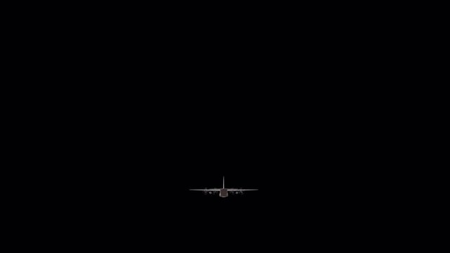 Military Cargo Transport Aircraft Flying Rotation on Black Background 3D Animation 4K
