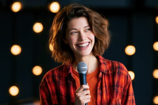 Female comedian performing stand-up on stage