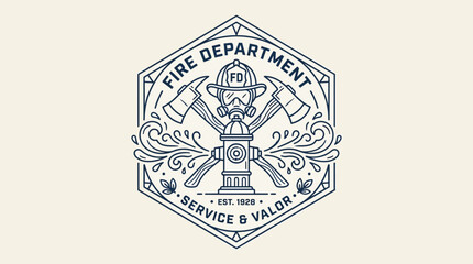 Obraz premium Vintage hexagonal fire department emblem featuring crossed axes and protective equipment line art design