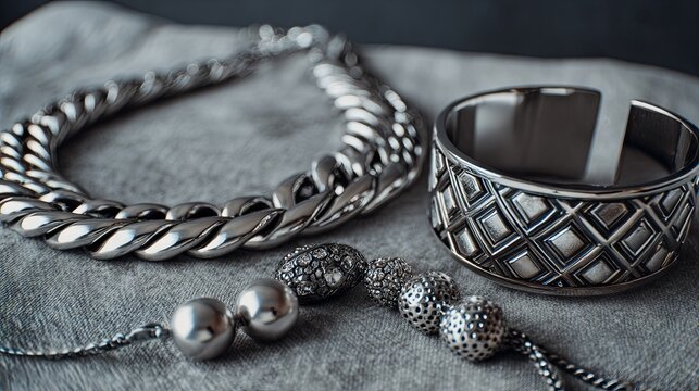 Modern luxury silver jewelry collection featuring elegant necklaces and sophisticated bracelets, arranged in a stylish fashion composition that highlights refined craftsmanship