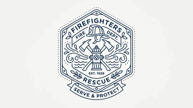 Vintage hexagonal firefighter emblem featuring crossed axes and protective helmet line art graphic design with displays detailed hexagonal crest