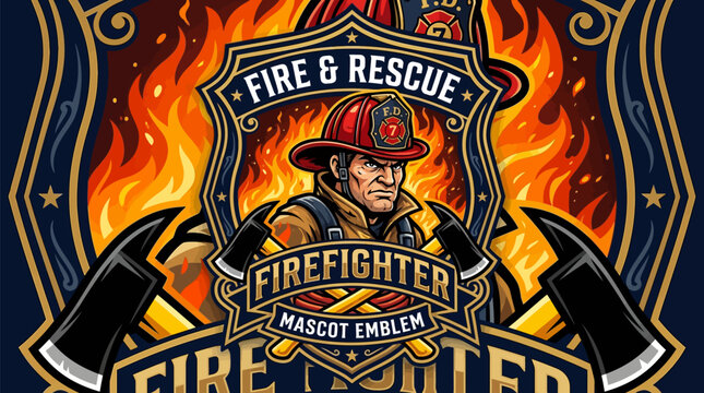 Firefighter mascot emblem design with displays vibrant vector illustration fire rescue badge mascot mascot axes flames firefighting crossed with fireman