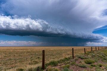 Fototapeta premium Expansive prairie landscape with dramatic storm clouds and wooden fence under blue sky