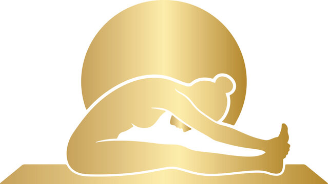 Gold Yoga Pose Icon of Woman Stretching for Meditation Spa and Wellness Logo