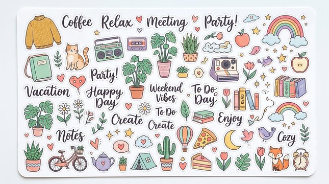 Cute pastel doodle sticker set with cozy lifestyle elements icons and inspiring quotes on white background, perfect for planner decoration, bullet journal design and scrapbooking projects