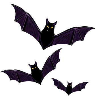 Spooky Flying Vampires Bats for Halloween in Colorful Cute Cartoon Watercolor style