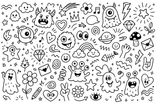 Cute Hand Drawn Monster Doodle Elements Collection with Kawaii Characters, Ghosts, Hearts, Stars and Fun Cartoon Icons Set