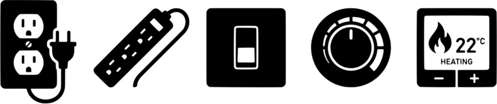Home energy and electrical control icon set including power outlet, power strip, light switch, dimmer knob and smart thermostat in flat black silhouette style.