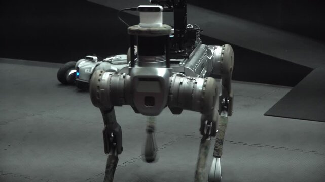 Close up of a robot dog walking 