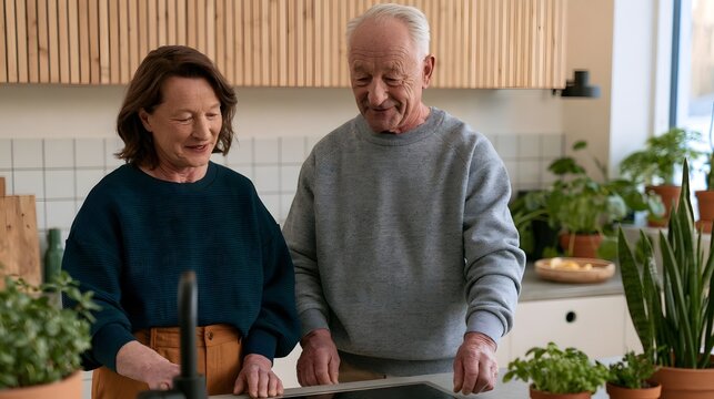 An elderly couple stands together in a bright modern kitchen surrounded by potted plants and wooden cabinetry