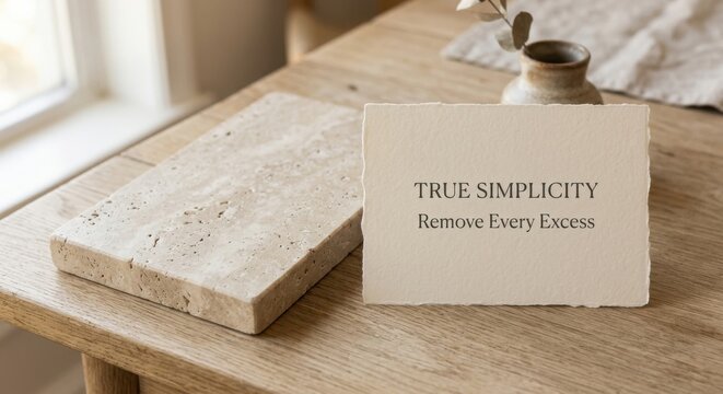 A Card With 'True Simplicity' Quote Rests Beside Travertine Stone on Wooden Surface