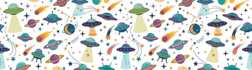 Cute Space UFOs and Planets Seamless Pattern © Grid