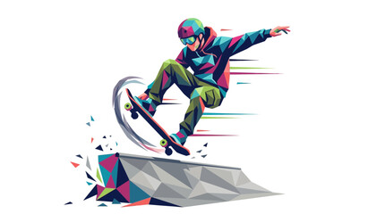 Dynamic Colorful Low Poly Geometric Illustration of a Skateboarder Performing Extreme Trick on Ramp © Arafa