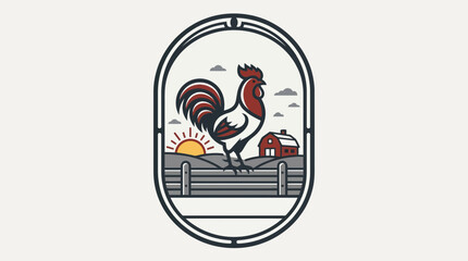 Vintage Farm Emblem Featuring a Rooster Standing on a Wooden Fence with Barn and Sunrise Background © Arafa