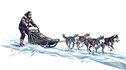 Professional Musher Riding a Dog Sled Pulled by Team of Four Siberian Huskies in Snowy Low Poly Style © Arafa