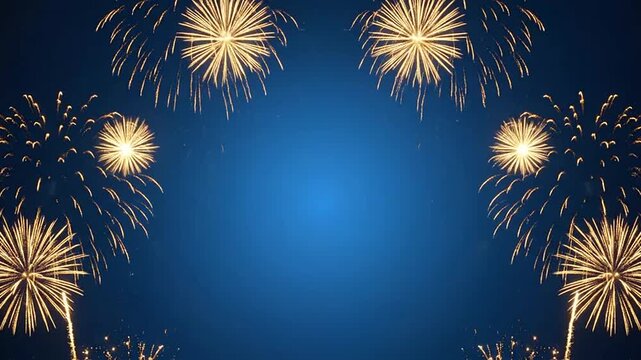 Bright golden fireworks explode against a deep blue night sky background