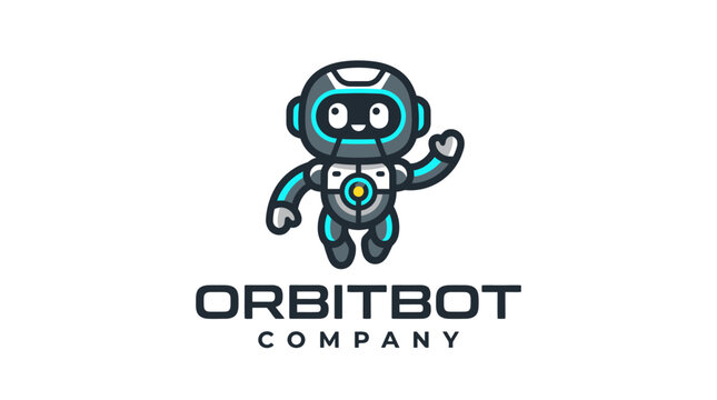 Cute cartoon robot mascot logo design for technology company.