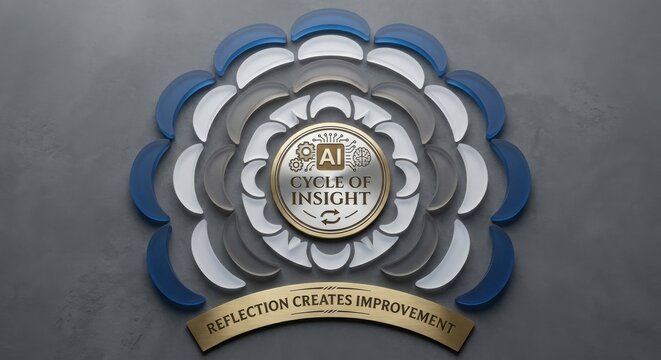 AI Cycle of Insight Emblem with Reflection Creates Improvement Motto