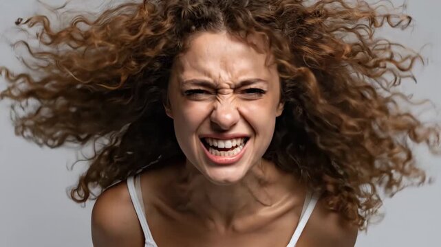 Woman with curly hair shouts loudly in indoor studio setting during daytime
