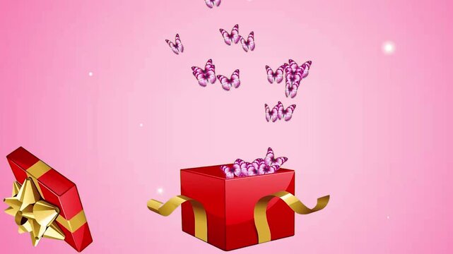 Magical background animation of a red gift box opening with pink butterflies flying out against 
