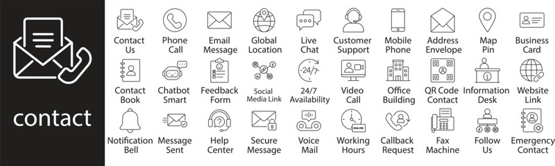 Obraz premium Contact and communication solid icon set. Featuring customer support, live chat, business card, video call, and help center. Editable vector glyphs for corporate presentations and print marketing.