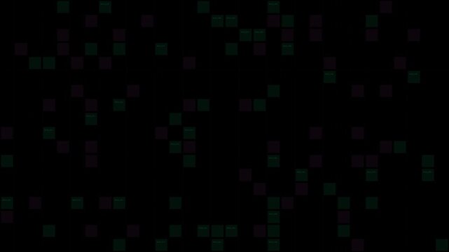 Seamless looping background with green and purple pixelated squares on a dark backdrop