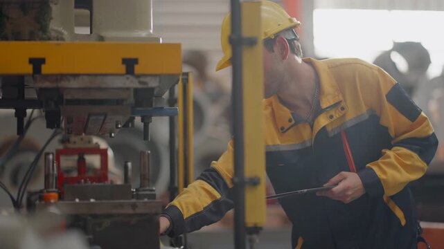 Engineering or technician or production line worker inspect automated factory equipment, analyzing machine performance, resolving technical challenges, improving manufacturing productivity, reducing