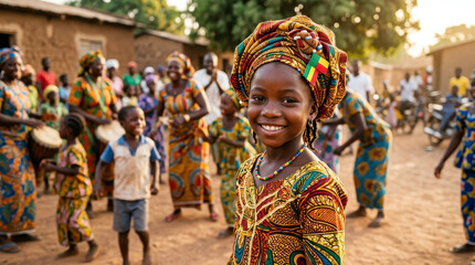 Fototapeta premium Joyful Beninese girl in colorful traditional attire smiling at a lively Benin Independence Day community celebration, representing African culture, heritage, identity, unity and happiness