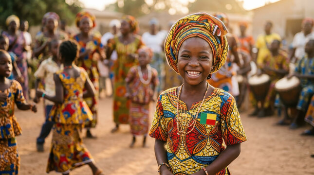 Smiling African girl in vibrant traditional clothing and headwrap at a joyful Benin Independence Day festival, celebrating cultural heritage, community, happiness, unity and national pride scence
