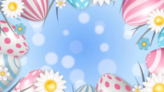 Festive animation background of Easter eggs and white flowers with bokeh lights on blue 